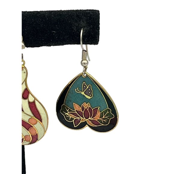 Vintage Cloisonné Enamel Earrings Set Of 3 - Floral Bird & Heart Designs - Picture 4 of 10